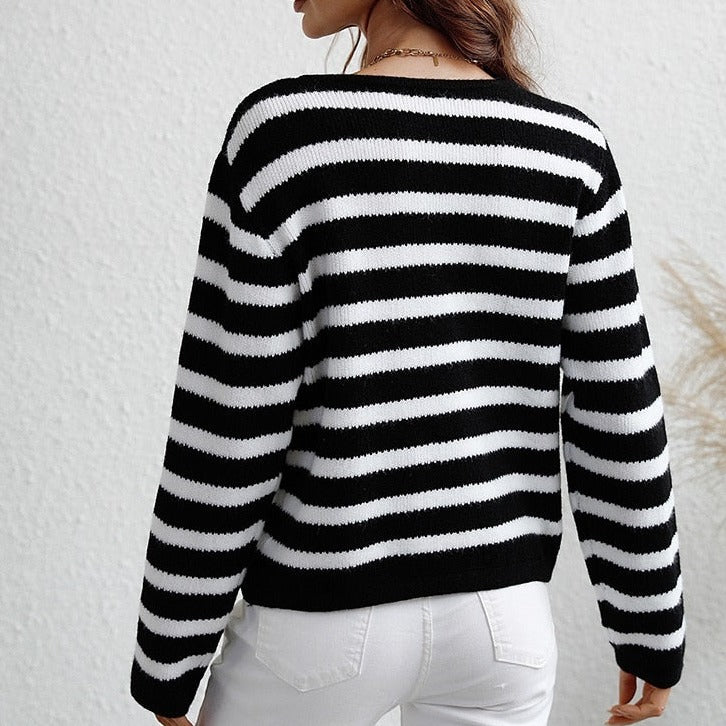 Shopnory | Damen Gestreifter Cardigan mit Knopfverschluss und Weichem Stoff