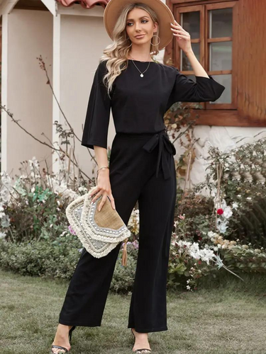 Jumpsuit Weite Beinform Taillengürtel Dreiviertelärmel Elegante Passform