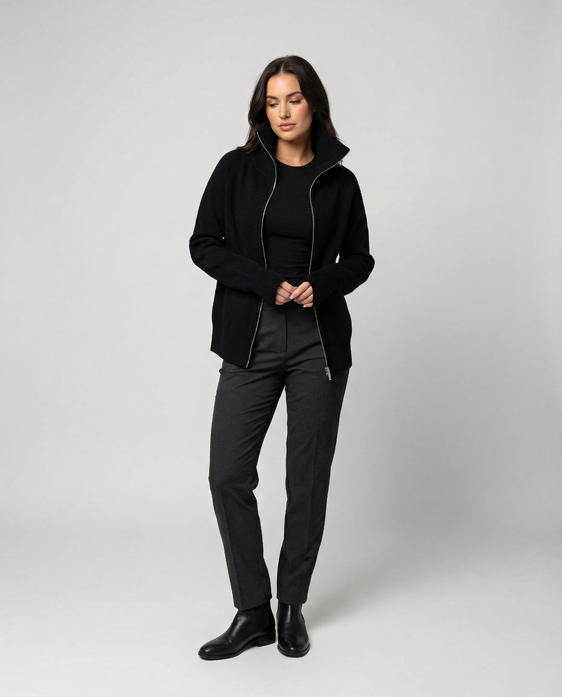Eleganter Damen Strick Cardigan mit Doppelreißverschluss und hohem Kragen