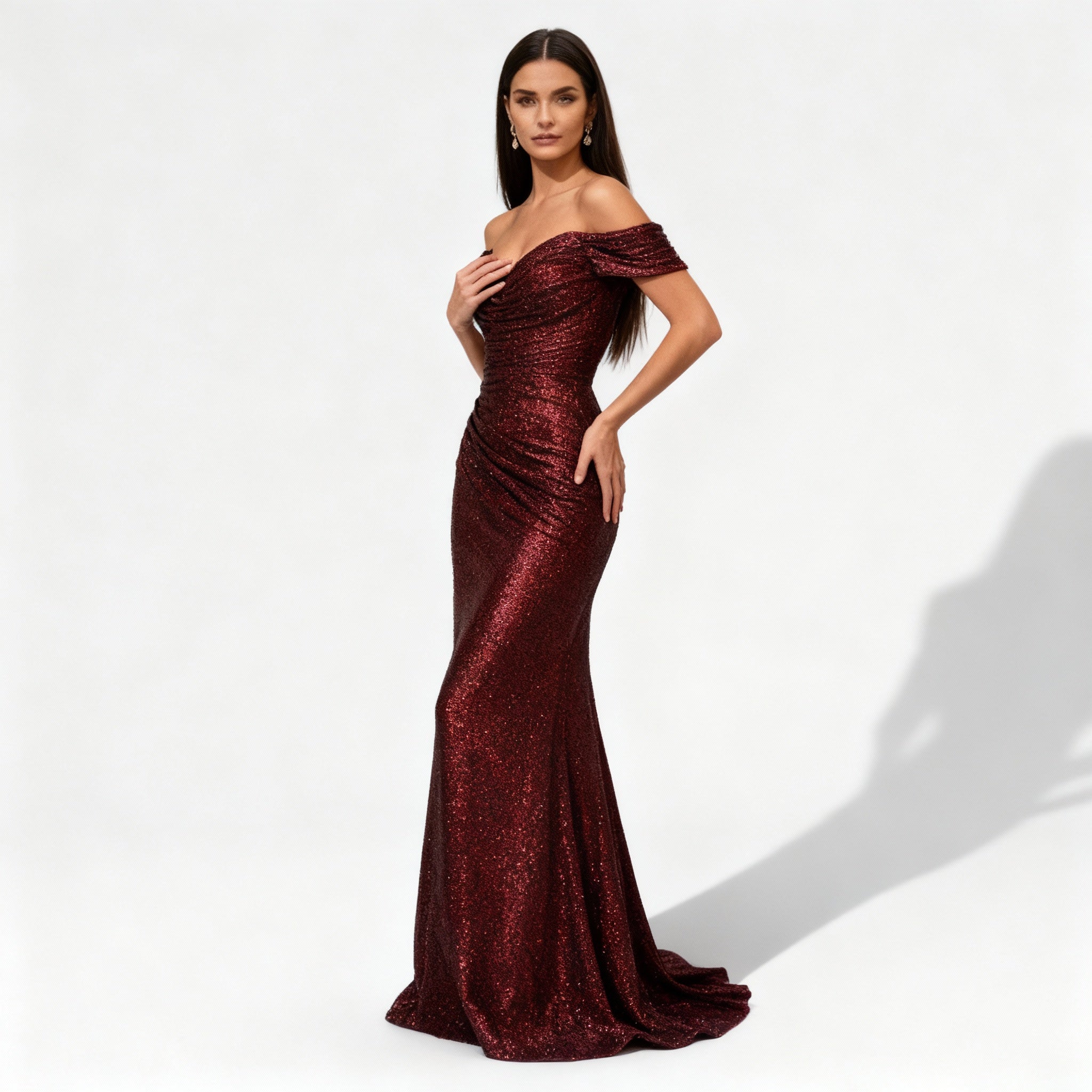Schimmerndes Schulterfreies Pailletten Damen Abendkleid