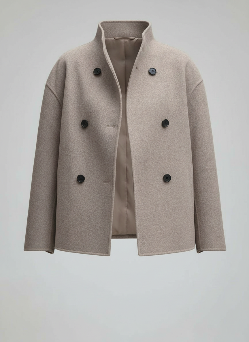 ShopNory | Damenjacke – Kurze Wolljacke in Beige mit Stehkragen & Knopfverschluss
