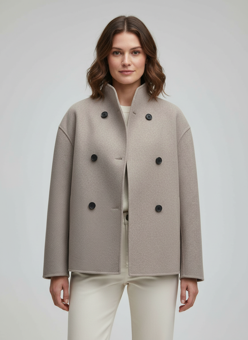 ShopNory | Damenjacke – Kurze Wolljacke in Beige mit Stehkragen & Knopfverschluss