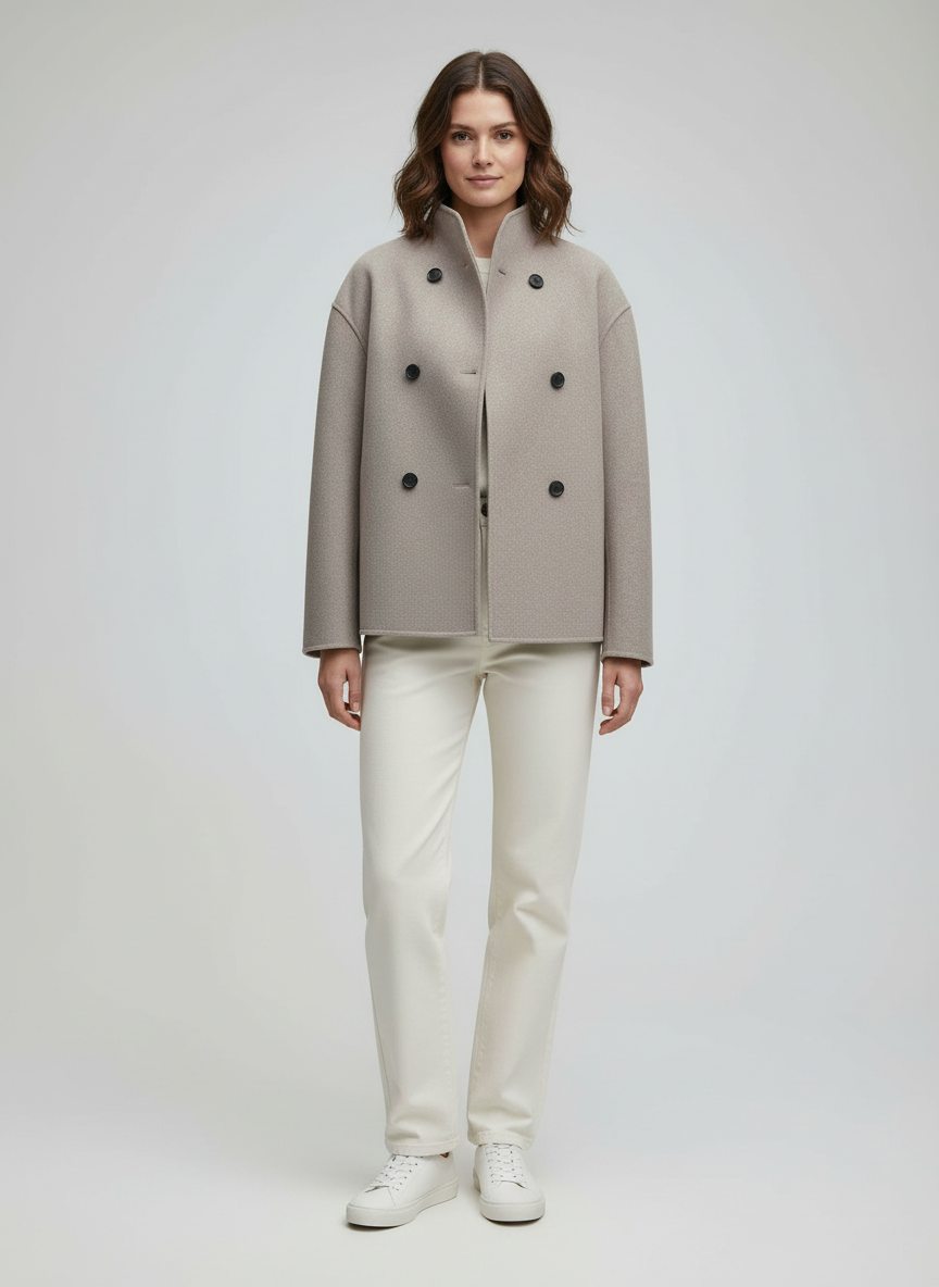 ShopNory | Damenjacke – Kurze Wolljacke in Beige mit Stehkragen & Knopfverschluss