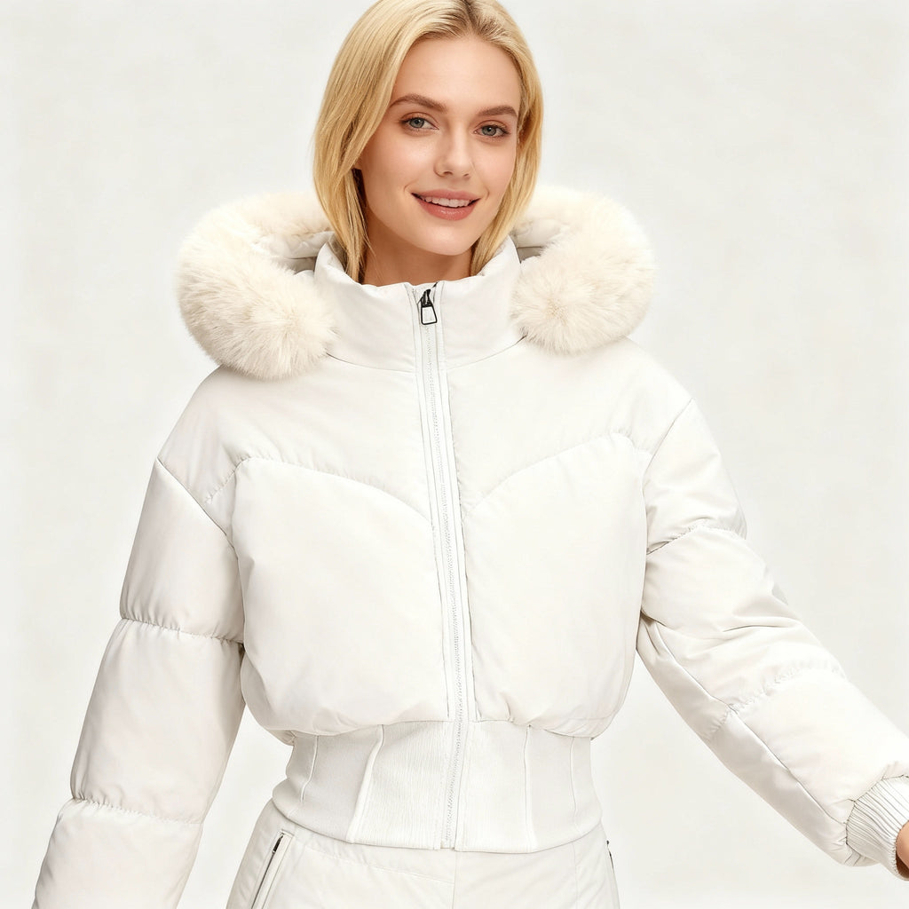 Damen cropped Daunenjacke mit abnehmbarer Kapuze und Kunstfellbesatz