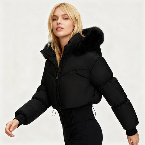 Damen cropped Daunenjacke mit abnehmbarer Kapuze und Kunstfellbesatz