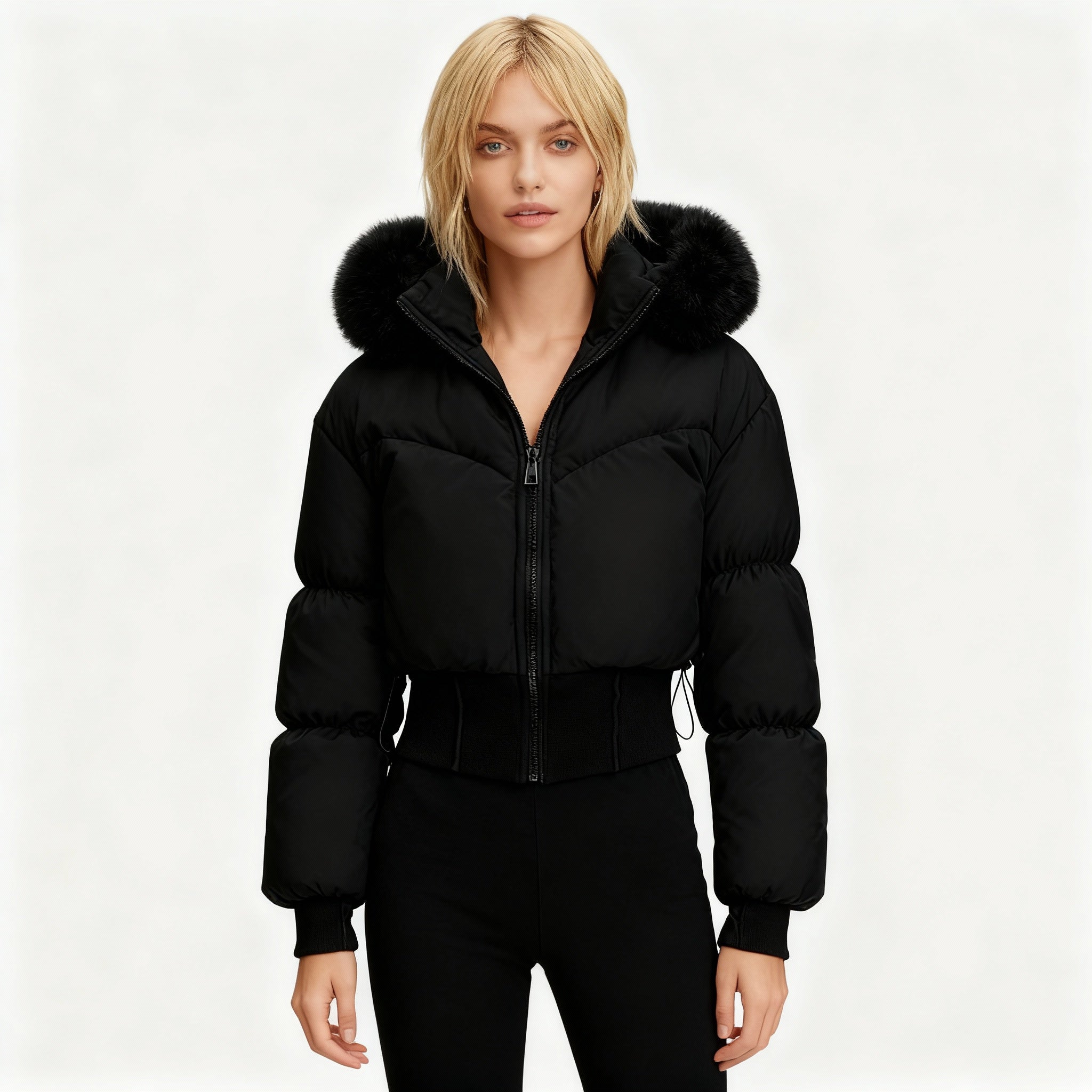 Damen cropped Daunenjacke mit abnehmbarer Kapuze und Kunstfellbesatz