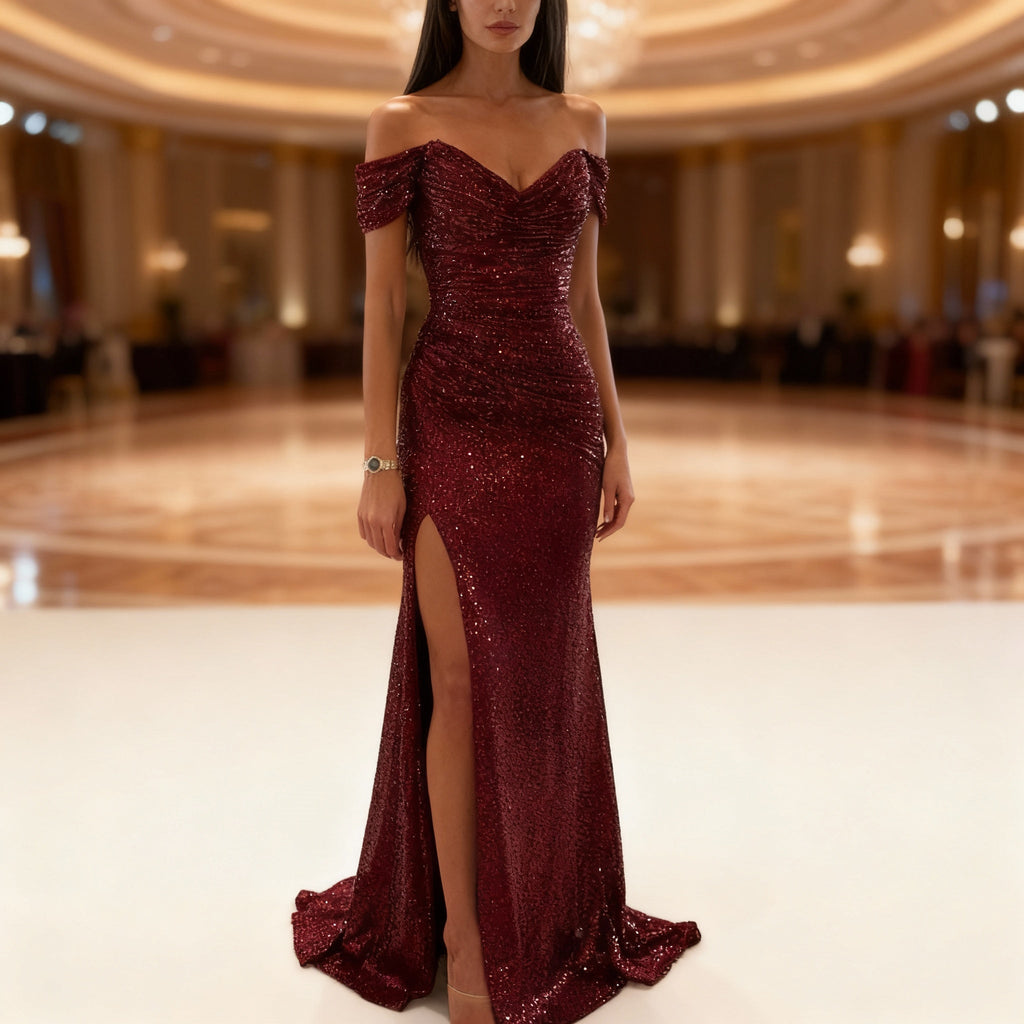 ShopNory | Off Shoulder Abendkleid mit Pailletten, Schlitz und Figurbetontem Schnitt für Damen