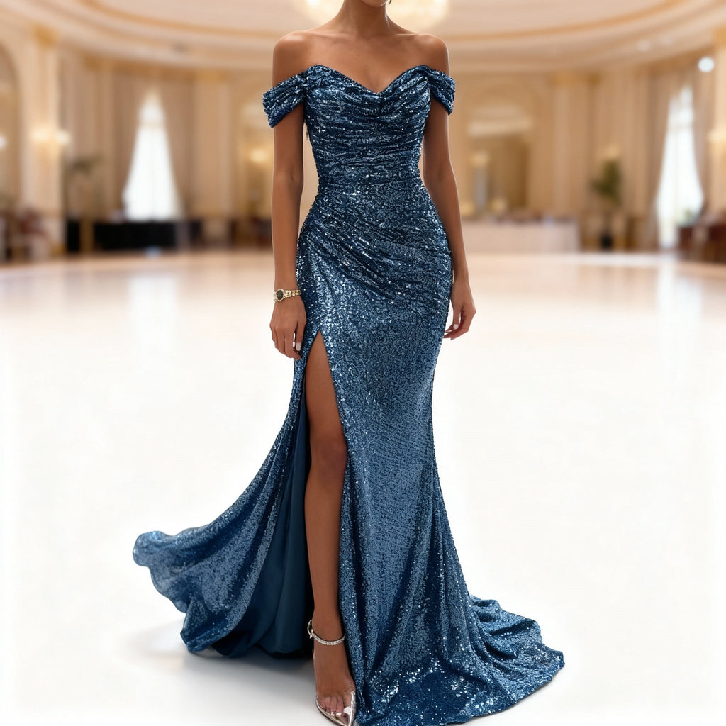 ShopNory | Off Shoulder Abendkleid mit Pailletten, Schlitz und Figurbetontem Schnitt für Damen