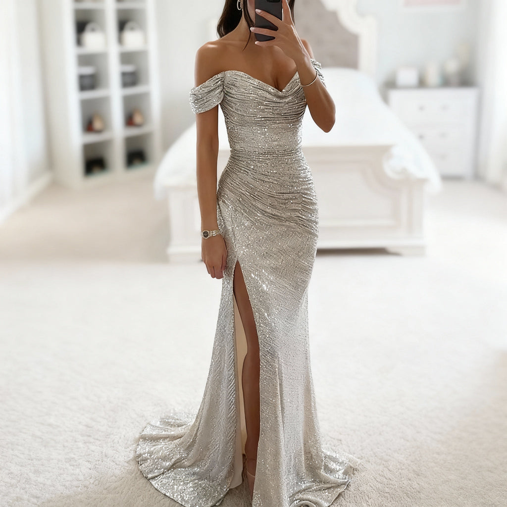 ShopNory | Off Shoulder Abendkleid mit Pailletten, Schlitz und Figurbetontem Schnitt für Damen