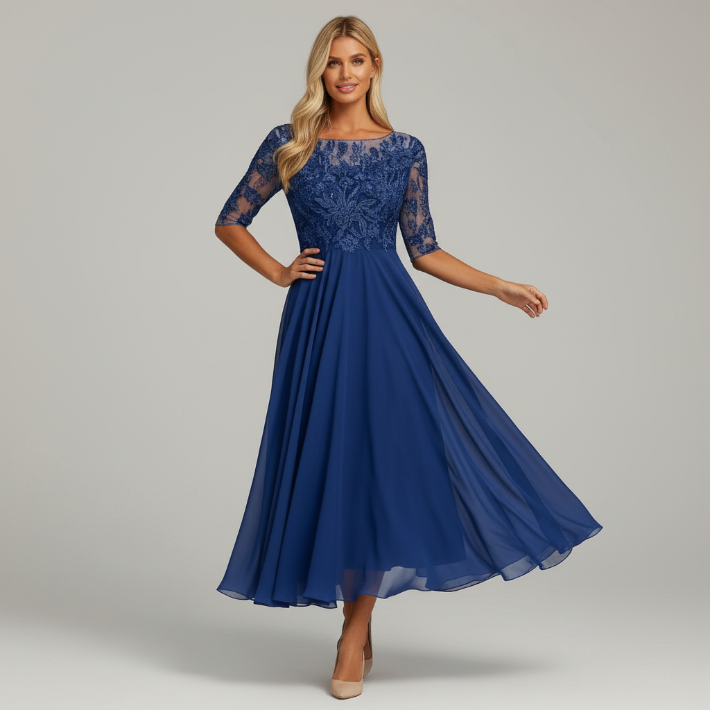Damen Feminin Fallendes Chiffon Midikleid mit Fließendem Schnitt