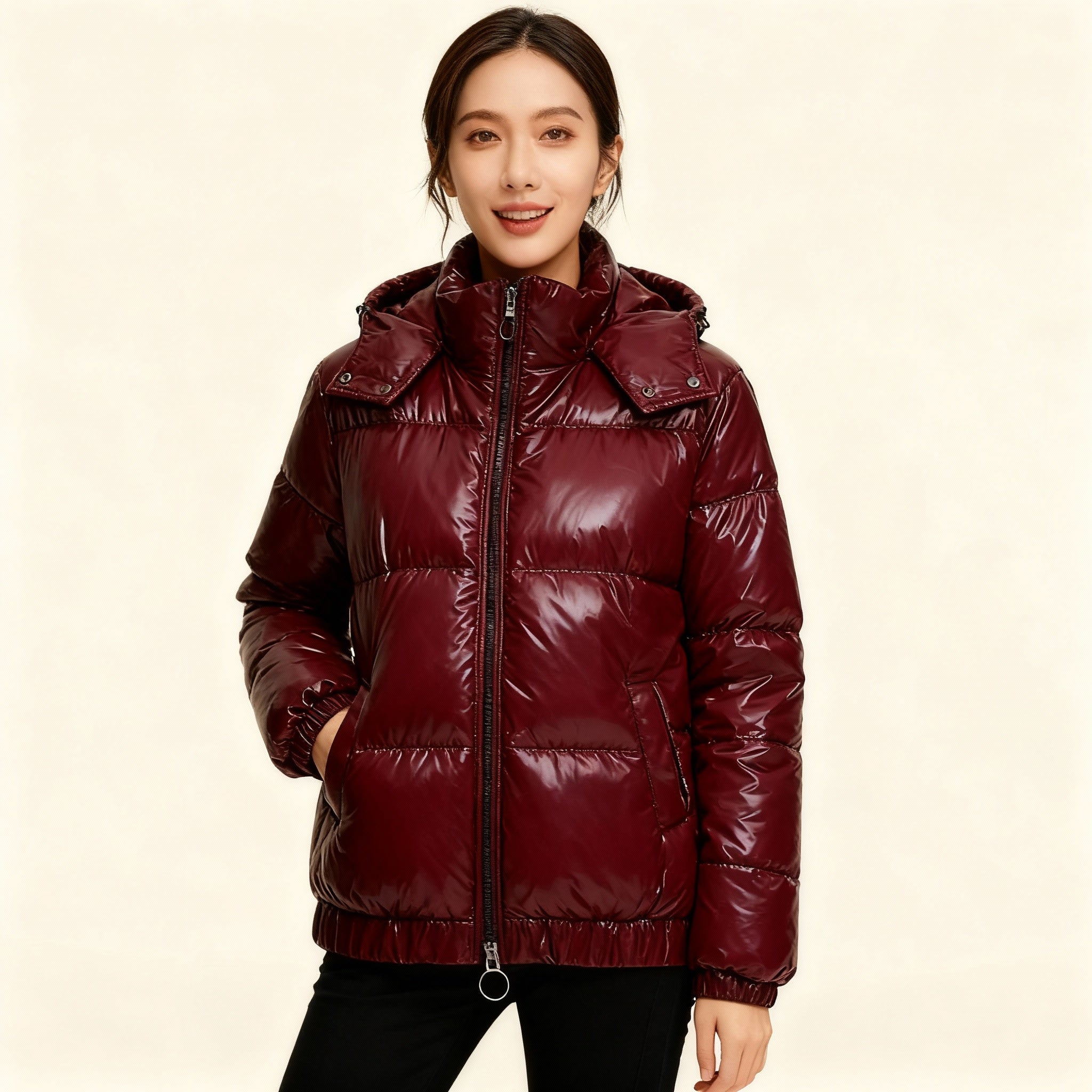Damen glänzende Winterjacke mit Kapuze – Wasserabweisend & Wärmeisoliert – ShopNory