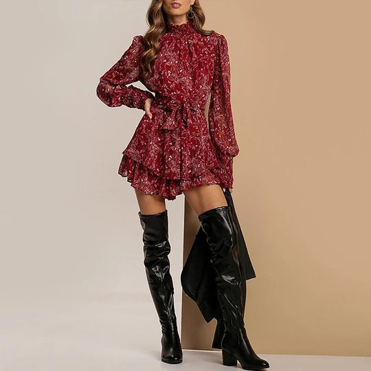 Minikleid Mit Stehkragen, Rüschen und Blumenmuster