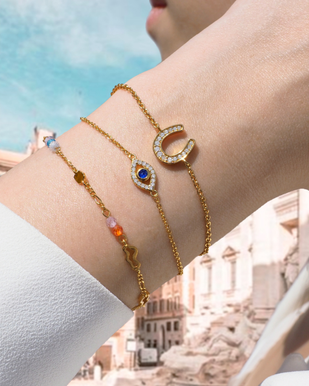 Glückliche Hufeisen-Kristall-Gold-Anhänger-Armband | Shop Nory