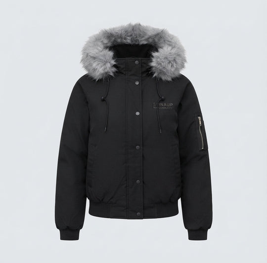 Damen kurze gesteppte Stadt-Bomberjacke mit voluminöser Kapuze, Kordelzug und winddichter thermischer Fütterung