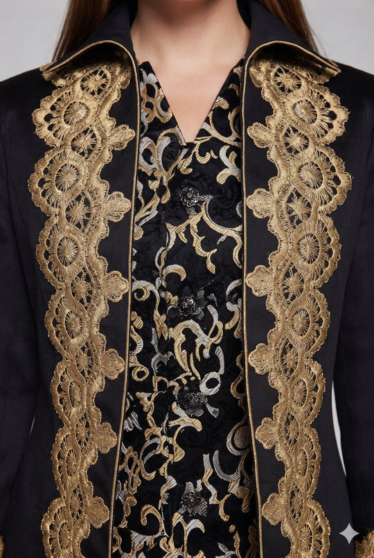Damen elegante Frack mit feiner goldener Stickerei und asymmetrischem Saum Shop Nory