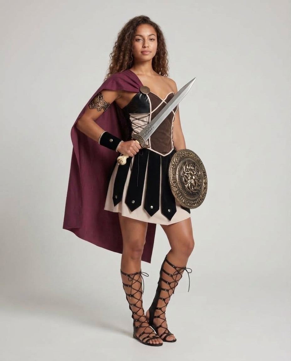 Damen Historisches Gladiatorenkostüm mit Umhang und Rüstungsdetails Shop Nory