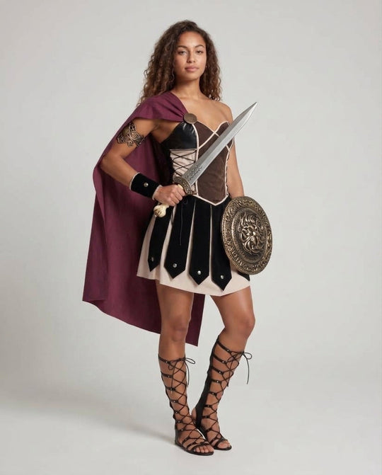 Damen Historisches Gladiatorenkostüm mit Umhang und Rüstungsdetails Shop Nory