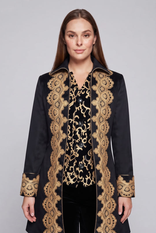 Damen elegante Frack mit feiner goldener Stickerei und asymmetrischem Saum Shop Nory