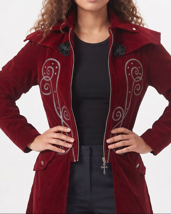 Damen Eleganter Velours-Mantel mit kunstvollen Verzierungen Shop Nory