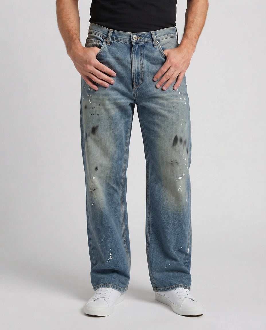 Baggy-Jeans für Männer im Vintage-Wascht mit weitem Bein, Used-Effekt und Farbtupfern Shop nory
