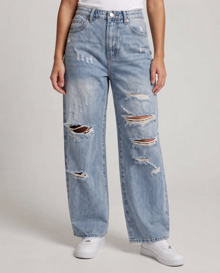 Damenweite zerstörte Baggy-Jeans mit elastischem Bund Shop nory
