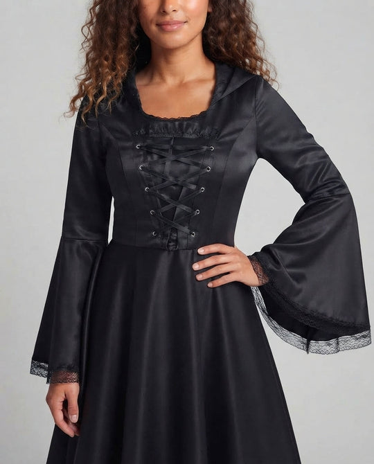 Damen Kapuzenkleid mit schwingendem Rock und Spitzenverzierungen Shop Nory