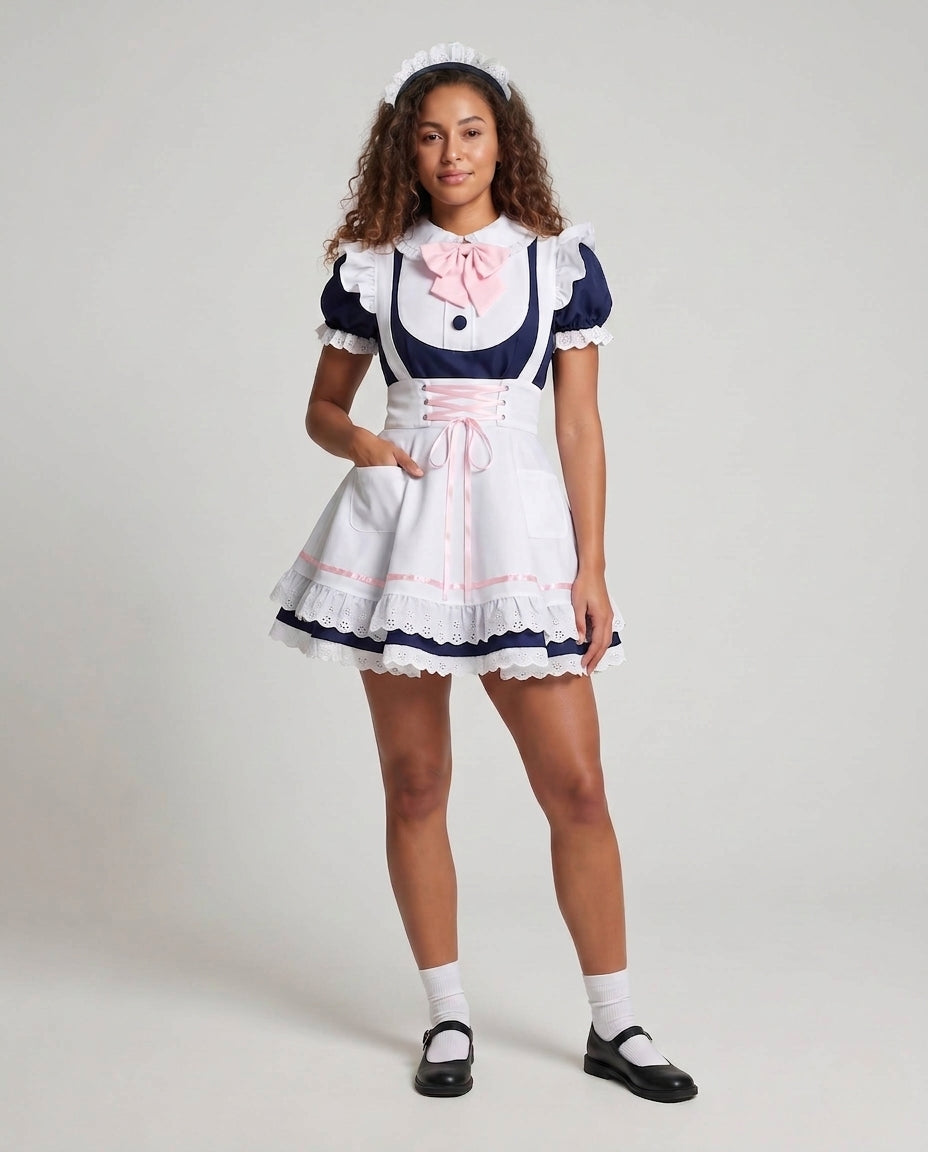 Damen Dienstmädchen-Kleid mit Spitzen- und Rüschenakzenten Shop Nory