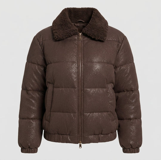 Damen nicht gepolsterte Pufferjacke mit Glitzereffekt und gemütlichem Kunstfellkragen
