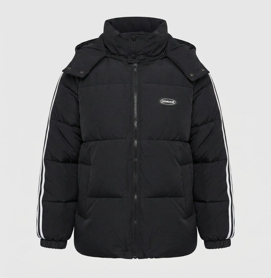 Unisex übergroße gesteppte Jacke mit Kontraststreifen an den Ärmeln, hochschließendem Kragen und Kapuzenblende