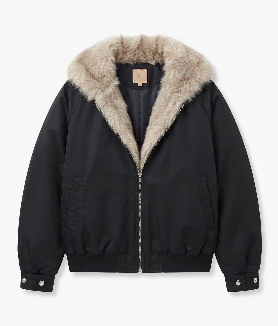 Damen kurze Fake-Fur-Bomberjacke mit kontrastierenden Bündchen