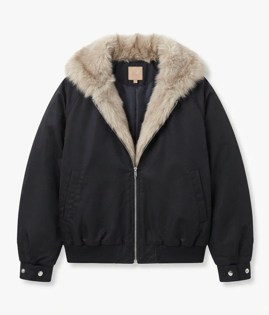 Damen kurze Fake-Fur-Bomberjacke mit kontrastierenden Bündchen