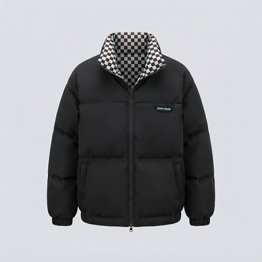 Damen kurze thermische Pufferjacke mit kariertem Wendefutter und hohem Stehkragen