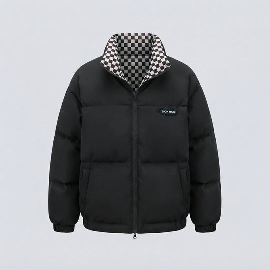 Damen kurze thermische Pufferjacke mit kariertem Wendefutter und hohem Stehkragen