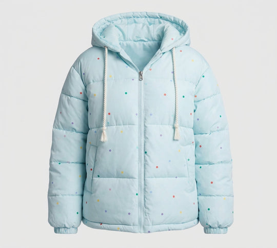 Damen nicht gesteppte oversized Pufferjacke mit bunten Punkt-Applikationen und Kapuze