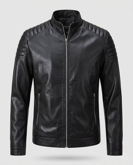 Herren Fitted Lederlook Motorradjacke mit vertikalem Reißverschluss und gepolsterten Schulterpaneelen Shop nory
