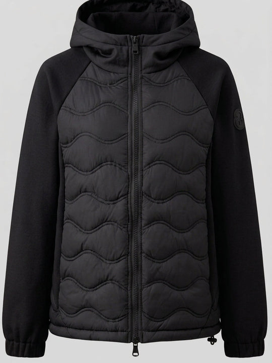 Damen gesteppte Hybrid-Hoodie-Jacke mit Fleece-Ärmeln, elastischen Bündchen und Wellensteppung
