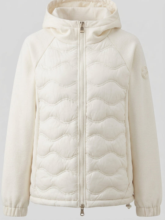 Damen gesteppte Hybrid-Hoodie-Jacke mit Fleece-Ärmeln, elastischen Bündchen und Wellensteppung