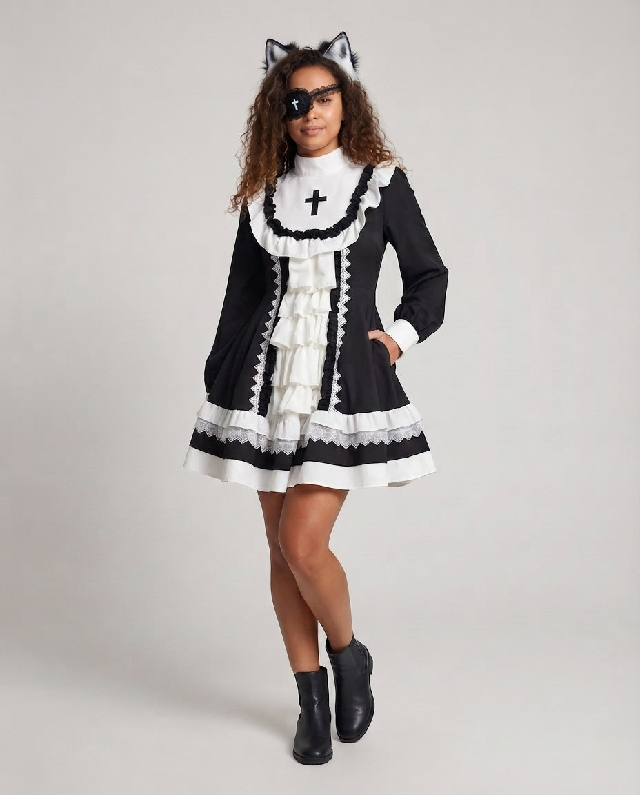 Damen Spitzen-Kleid mit Rüschen und Kreuzdetails Shop Nory