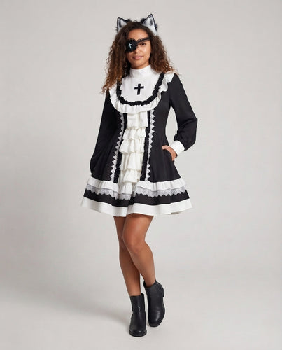 Damen Spitzen-Kleid mit Rüschen und Kreuzdetails Shop Nory