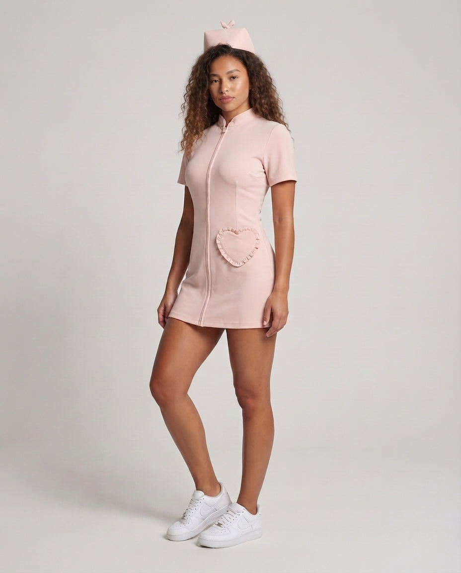Damen sexy Krankenschwester Kostüm mit Reißverschluss und Haube Shop Nory