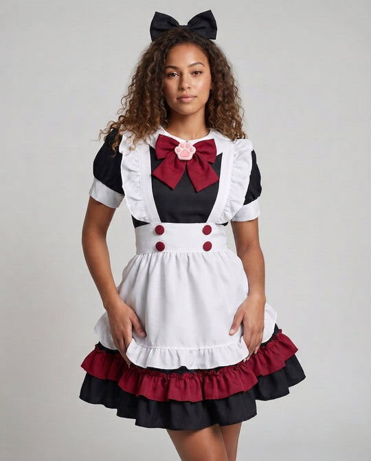 Damen verspieltes Dienstmädchen-Kleid mit Rüschendetails und schickem Schleifenakzent Shop Nory