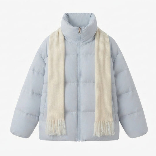 Damen kompakte gesteppte Jacke mit überlappendem Schal-Kragen und voluminösen Ärmeln