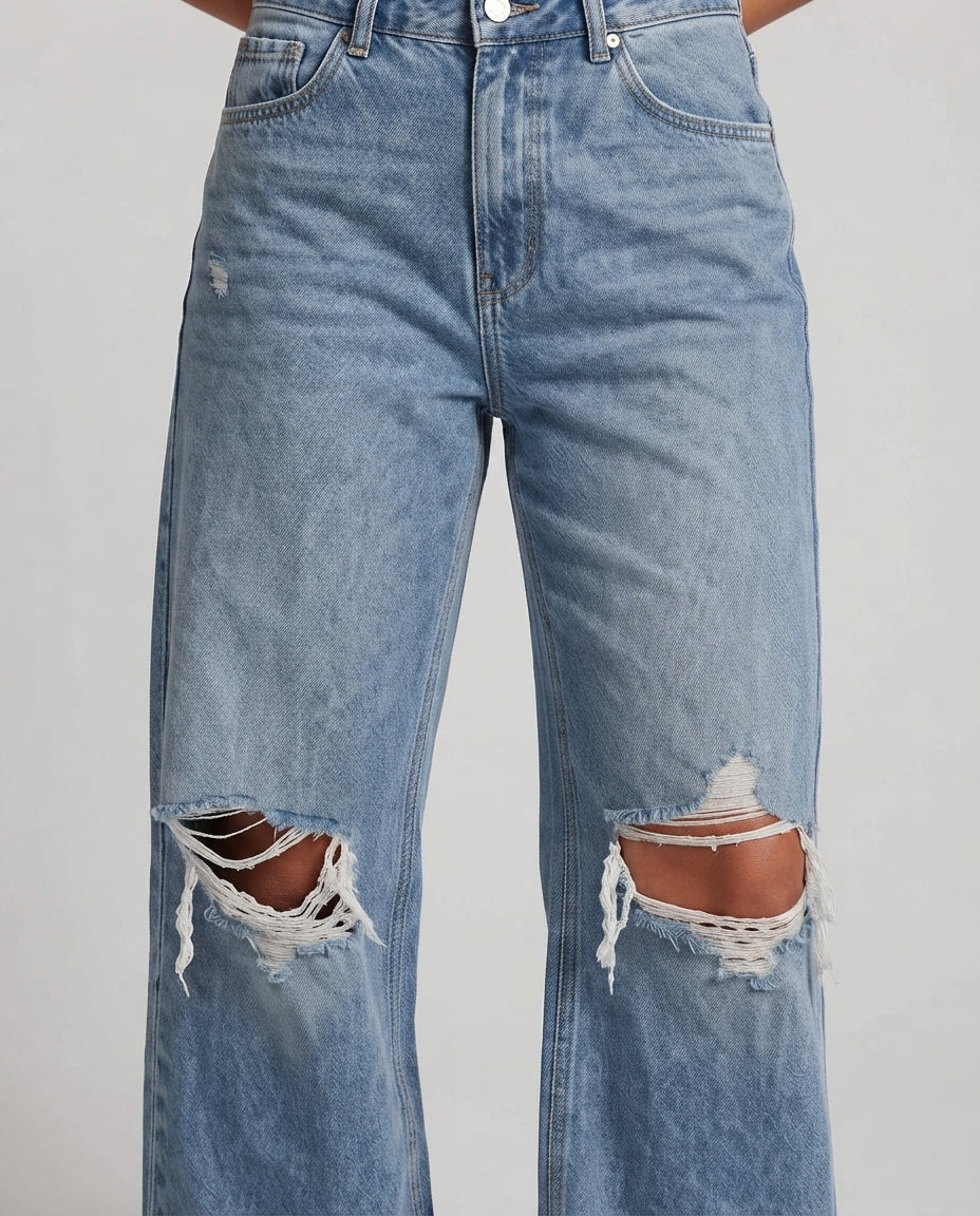 Damen High-Waisted Baggy Jeans im Destroyed Look mit weitem Bein Shop nory