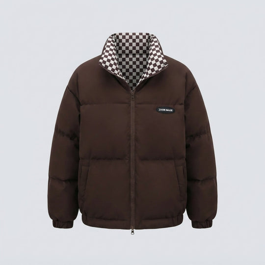 Damen kurze thermische Pufferjacke mit kariertem Wendefutter und hohem Stehkragen