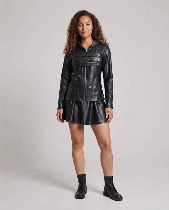 Damen Kunstlederjacke mit abnehmbarem Rock und praktischen Taschen Shop Nory
