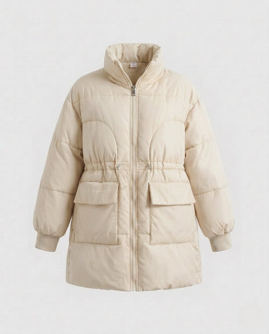 Damen feminine A-Linien gesteppter Parka mit verstellbarem Kordelzug, hohem Stehkragen und großen Klappentaschen