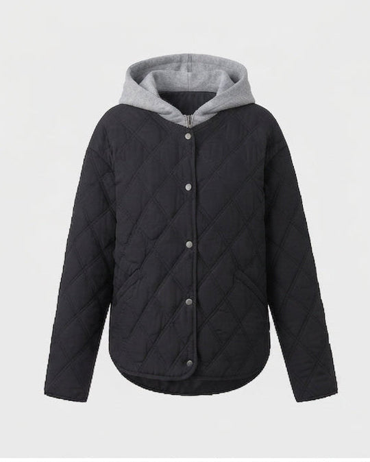 Damen kurze gesteppte Blousonjacke mit feiner Rautensteppung, Kapuzenfutter und wärmender thermischer Polsterung.