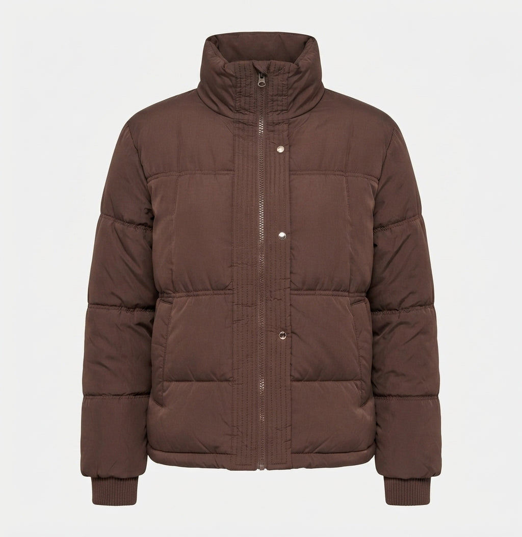 Damen kurze boxy Steppjacke mit ergonomischem Stehkragen und verdeckter Druckknopfblende