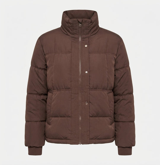 Damen kurze boxy Steppjacke mit ergonomischem Stehkragen und verdeckter Druckknopfblende