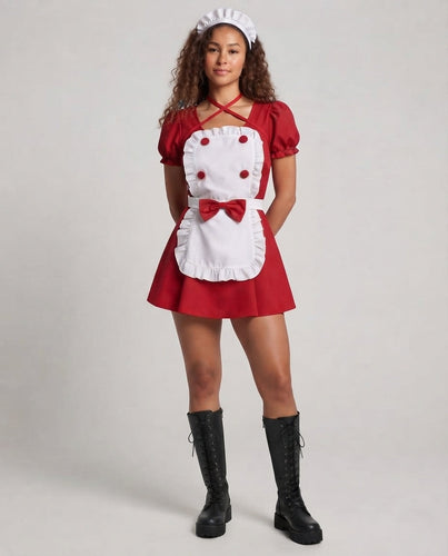 Damen Verspieltes Dienstmädchen-Kleid mit Rüschen und Satin-Schürze Shop Nory